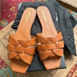 Saint Laurent Cognac Leather Knotted Slide Mules